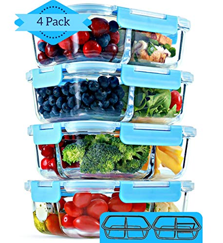 2 & 3 Compartment Glass Meal Prep Containers (4 Pack, 32 oz) - Glass Food Storage Containers with Lids, Glass Lunch Box, Glass Bento Box Lunch Containers, Portion Control, Airtight