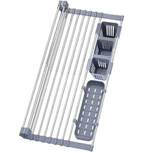 expandable roll up dish drying rack up to 22.8”with 2 storage baskets,over the sink kitchen rolling up dish drainer dish drying rack in sink, foldable,rollable,for kitchen dishes,cups,fruits,forks