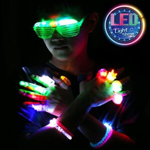 78PCs LED Light Up Toy Party Favors Glow In The Dark,Party Supplies Bulk For Adult Kids Birthday Halloween With 50 Finger Light, 12 Jelly Ring, 6 Flashing Glasses, 5 Bracelet, 5 Fiber Optic Hair Light