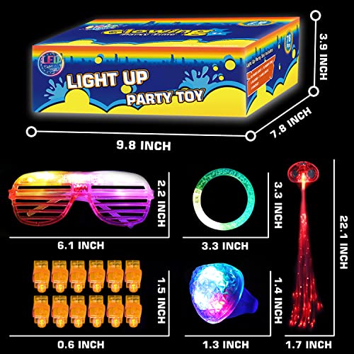 78PCs LED Light Up Toy Party Favors Glow In The Dark,Party Supplies Bulk For Adult Kids Birthday Halloween With 50 Finger Light, 12 Jelly Ring, 6 Flashing Glasses, 5 Bracelet, 5 Fiber Optic Hair Light