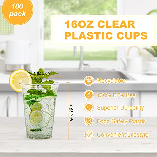 TashiBox 100 Count - 16 Ounce Plastic Cups, Ice Coffee Cups To Go - Crystal Clear PET Party Cups