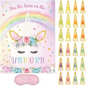 wernnsai pin the horn on the unicorn game – 20” x 29” unicorn party game for girls with 24 pcs horns unicorn birthday party supplies for wall home room decorations