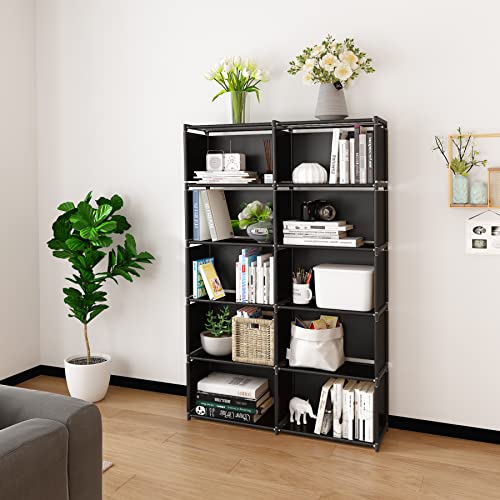 MOYIPIN Bookshelves, Assembled Storage Rack, Bedroom Living Room Vertical Cabinet Bookshelf, Double Row 10-Grid Multi-Functional Storage Equipment (Black)