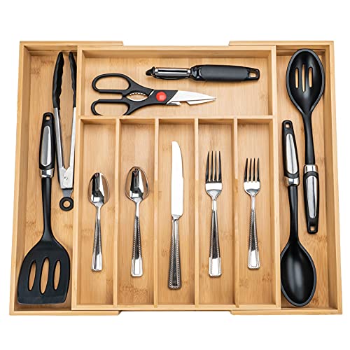 SMIRLY Bamboo Silverware Organizer for Drawer - Expandable Kitchen Drawer Organizer, Kitchen Utensil Organizer for Kitchen Drawers - Silverware Tray for Drawer - Flatware & Cutlery Organizer in Drawer