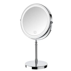 lighted makeup mirror, 8″ rechargeable double sided magnifying mirror with 3 colors, 1x/10x 360° rotation touch screen vanity mirror, brightness adjustable magnification cosmetic light up mirror