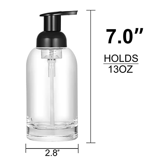 CHBJDAN 2 Pack Thick Clear Glass Jar Soap Dispenser with Foaming Pump, 13 Ounce Clear Round Bottles Dispenser with Foaming Pump (Black, 13oz)