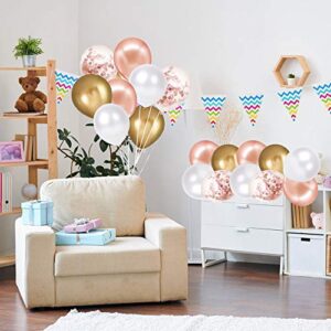 Rose Gold Confetti Latex Balloons, 60 Pack White Gold Balloon 12 inch Birthday Balloons with Gold Ribbon for Party Wedding Bridal Shower Decorations