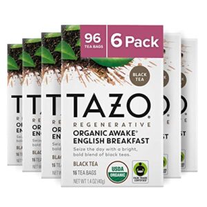tazo tea bags, black tea, regenerative organic awake english breakfast tea, 16 count (pack of 6)