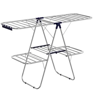 songmics clothes drying rack, foldable 2-level laundry drying rack, free-standing large drying rack, with height-adjustable wings, 33 drying rails, sock clips, for clothes, sheets, blue ullr53bu