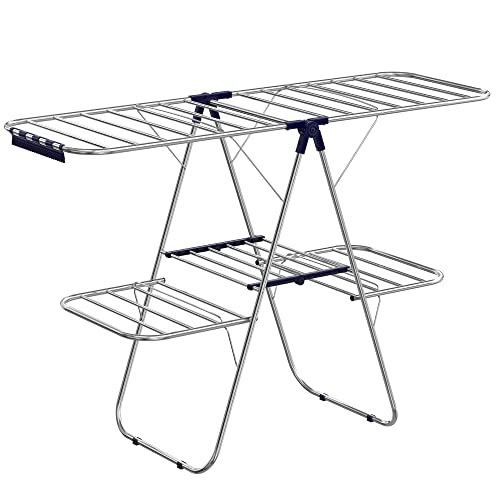 SONGMICS Clothes Drying Rack, Foldable 2-Level Laundry Drying Rack, Free-Standing Large Drying Rack, with Height-Adjustable Wings, 33 Drying Rails, Sock Clips, for Clothes, Sheets, Blue ULLR53BU