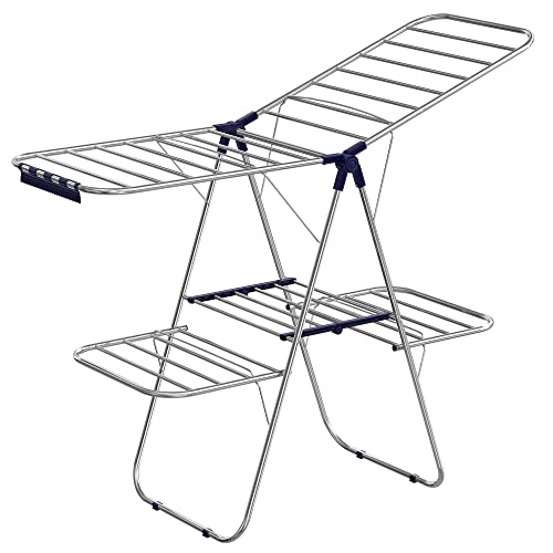 SONGMICS Clothes Drying Rack, Foldable 2-Level Laundry Drying Rack, Free-Standing Large Drying Rack, with Height-Adjustable Wings, 33 Drying Rails, Sock Clips, for Clothes, Sheets, Blue ULLR53BU