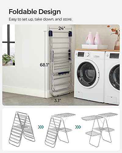 SONGMICS Clothes Drying Rack, Foldable 2-Level Laundry Drying Rack, Free-Standing Large Drying Rack, with Height-Adjustable Wings, 33 Drying Rails, Sock Clips, for Clothes, Sheets, Blue ULLR53BU