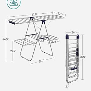 SONGMICS Clothes Drying Rack, Foldable 2-Level Laundry Drying Rack, Free-Standing Large Drying Rack, with Height-Adjustable Wings, 33 Drying Rails, Sock Clips, for Clothes, Sheets, Blue ULLR53BU