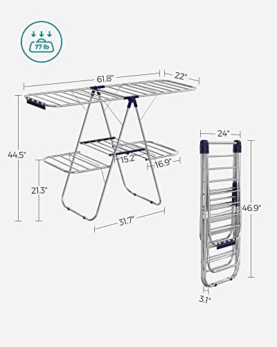 SONGMICS Clothes Drying Rack, Foldable 2-Level Laundry Drying Rack, Free-Standing Large Drying Rack, with Height-Adjustable Wings, 33 Drying Rails, Sock Clips, for Clothes, Sheets, Blue ULLR53BU