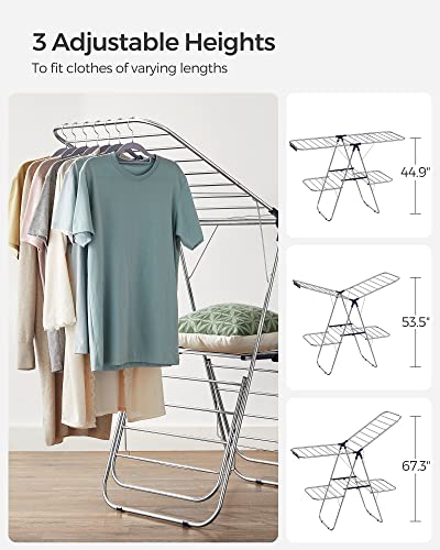 SONGMICS Clothes Drying Rack, Foldable 2-Level Laundry Drying Rack, Free-Standing Large Drying Rack, with Height-Adjustable Wings, 33 Drying Rails, Sock Clips, for Clothes, Sheets, Blue ULLR53BU