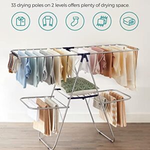 SONGMICS Clothes Drying Rack, Foldable 2-Level Laundry Drying Rack, Free-Standing Large Drying Rack, with Height-Adjustable Wings, 33 Drying Rails, Sock Clips, for Clothes, Sheets, Blue ULLR53BU