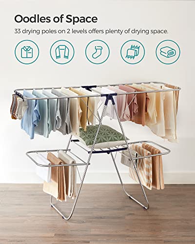 SONGMICS Clothes Drying Rack, Foldable 2-Level Laundry Drying Rack, Free-Standing Large Drying Rack, with Height-Adjustable Wings, 33 Drying Rails, Sock Clips, for Clothes, Sheets, Blue ULLR53BU