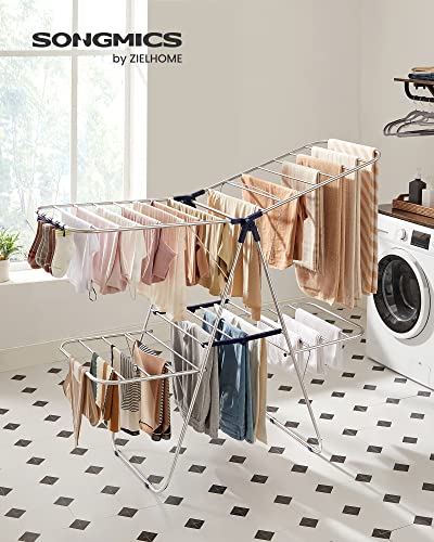 SONGMICS Clothes Drying Rack, Foldable 2-Level Laundry Drying Rack, Free-Standing Large Drying Rack, with Height-Adjustable Wings, 33 Drying Rails, Sock Clips, for Clothes, Sheets, Blue ULLR53BU