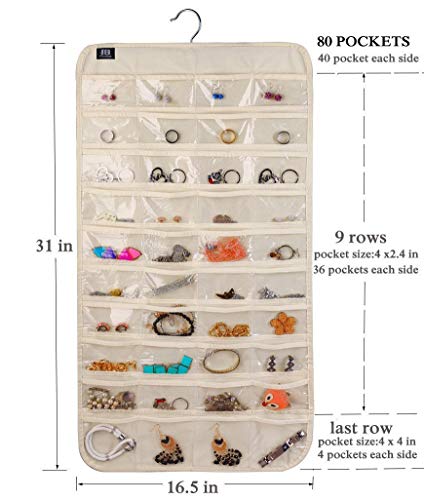 BB Brotrade Hanging Jewelry Organizer,Accessories Organizer,80 Pocket Organizer for Holding Jewelries（Beige）