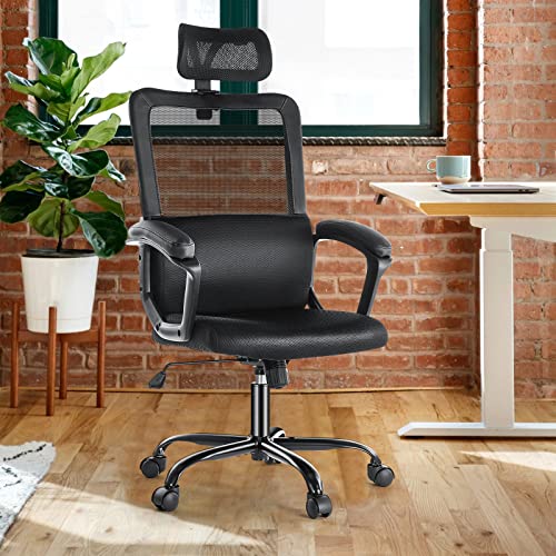 SMUG Ergonomic Mesh High Back Computer Adjustable Headrest,Lumbar Support, Tilt Function,Swivel Rolling, Soft PU Armrest Task Home Office Desk Chairs, Black