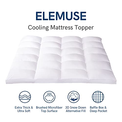 ELEMUSE Queen Cooling Mattress Topper for Back Pain, Extra Thick Mattress pad Cover, Plush Soft Pillowtop with Elastic Deep Pocket, Overfilled Down Alternative Filling