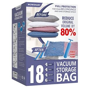 18 space saver vacuum storage bags, vacuum sealed storage bags (4 jumbo/4 large/4 medium/6 small) with hand pump, vacuum seal bags for clothing, comforters, pillows, towel, blanket storage, bedding