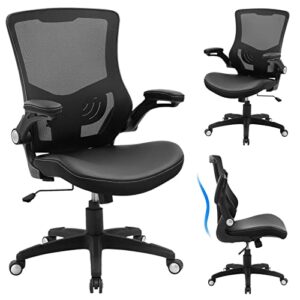 office chair ergonomic desk chair – adjustable height pu leather home office desk chairs, swivel mesh midback computer chair with lumbar support and flip-up armrests executive office task chair, black