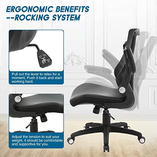 Office Chair Ergonomic Desk Chair - Adjustable Height PU Leather Home Office Desk Chairs, Swivel Mesh Midback Computer Chair with Lumbar Support and Flip-up Armrests Executive Office Task Chair, Black