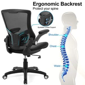 Office Chair Ergonomic Desk Chair - Adjustable Height PU Leather Home Office Desk Chairs, Swivel Mesh Midback Computer Chair with Lumbar Support and Flip-up Armrests Executive Office Task Chair, Black