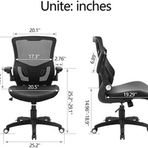 Office Chair Ergonomic Desk Chair - Adjustable Height PU Leather Home Office Desk Chairs, Swivel Mesh Midback Computer Chair with Lumbar Support and Flip-up Armrests Executive Office Task Chair, Black