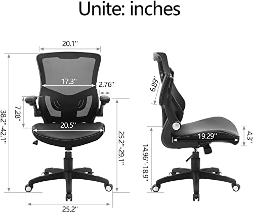 Office Chair Ergonomic Desk Chair - Adjustable Height PU Leather Home Office Desk Chairs, Swivel Mesh Midback Computer Chair with Lumbar Support and Flip-up Armrests Executive Office Task Chair, Black