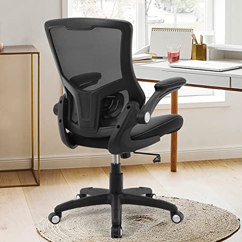 Office Chair Ergonomic Desk Chair - Adjustable Height PU Leather Home Office Desk Chairs, Swivel Mesh Midback Computer Chair with Lumbar Support and Flip-up Armrests Executive Office Task Chair, Black