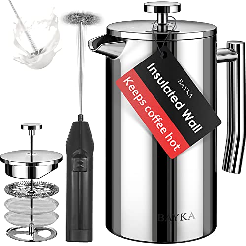 BAYKA French Press Coffee Tea Maker 34oz, 304 Stainless Steel Insulated Coffee Press with 4 Filter Screens, Milk Frother, Rust-Free, Dishwasher Safe, Silver