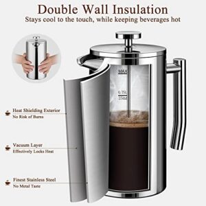 BAYKA French Press Coffee Tea Maker 34oz, 304 Stainless Steel Insulated Coffee Press with 4 Filter Screens, Milk Frother, Rust-Free, Dishwasher Safe, Silver