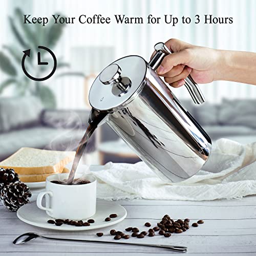 BAYKA French Press Coffee Tea Maker 34oz, 304 Stainless Steel Insulated Coffee Press with 4 Filter Screens, Milk Frother, Rust-Free, Dishwasher Safe, Silver