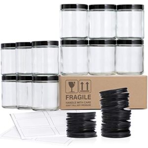 12 pack, 8 oz thick glass jars with lids, clear round candle jars with 12 metal lids & 12 plastic lids – empty food storage containers, canning jar for spice, powder, liquid, sample – dishwasher safe