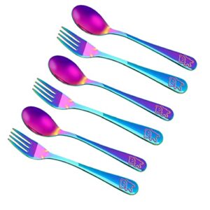 6 pieces stainless steel rainbow kids silverware toddler utensils baby forks and spoons, metal children’s safe flatware kids cutlery set for lunchbox, 3 x child forks, 3 x children spoons