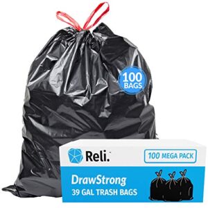 reli. 39 gallon trash bags drawstring (100 count) large 39 gallon heavy duty drawstring trash bags – black garbage bags 39 gallon capacity, lawn leaf (39 gal)