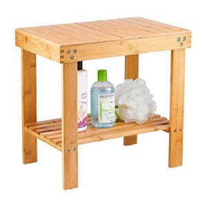 vaefae bamboo spa bench wood seat stool foot rest shaving stool with non-slip feets storage shelf for shampoo towel,works in bathroom/ living room/ bedroom/garden leisure