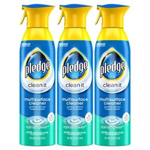 pledge multi-surface cleaner aerosol spray, works on glass leather, granite, wood, marble, chrome, stainless steel, plastic, and more, rain shower, 9.7 oz (pack of 3)