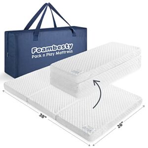 foambesty®️ tri-fold pack n play mattress pad, portable pack and play mattress, dual sided playard pad playpen foam for baby & toddlers, mini crib mattress nap mat (38”x26”), includes carry bag