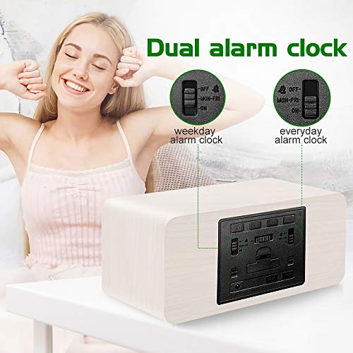 MOSITO Digital Wooden Alarm Clock with Wireless Charging, 0-100% Dimmer, Dual Alarm, Weekday/Weekend Mode, Snooze, Wood LED Clocks for Bedroom, Bedside, Desk, Kids (White)