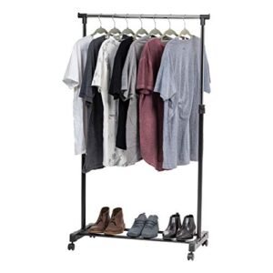 iris usa portable single-rod height adjustable clothes rack with lockable wheels, rolling garment, sigle rod wardrobe rack, easy assemble, for clothes, belts, shoes, and bags