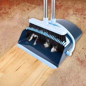 Broom and Dustpan Set 2023 Outdoor Or Indoor Broom Dust Pan 3 Foot Angle Heavy Push Combo Upright Long Handle for Kids Garden Pet Dog Hair Lobby Wood Floor Sweeping Kitchen House (Blue)