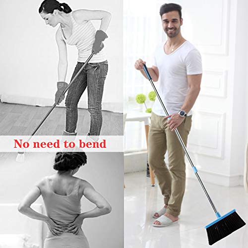 Broom and Dustpan Set 2023 Outdoor Or Indoor Broom Dust Pan 3 Foot Angle Heavy Push Combo Upright Long Handle for Kids Garden Pet Dog Hair Lobby Wood Floor Sweeping Kitchen House (Blue)