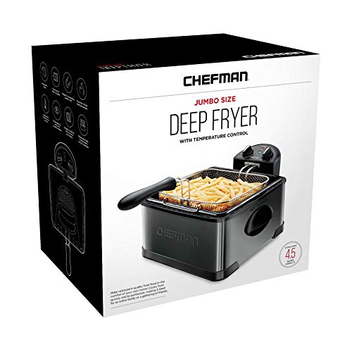 Chefman Deep Fryer with Basket Strainer, 4.5 Liter XL Jumbo Size Adjustable Temperature & Timer, Perfect Chicken, Shrimp, French Fries, Chips & More, Removable Oil Container, Black