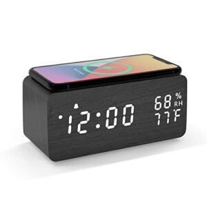 JALL Wooden Digital Alarm Clock with Wireless Charging, 3 Alarms LED Display, Sound Control and Snooze Dual for Bedroom, Bedside, Office (Black)