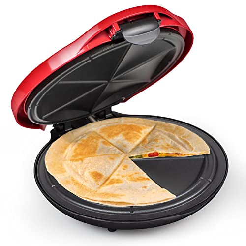 Taco Tuesday Deluxe 10" 6-Wedge Electric Quesadilla Maker with Extra Stuffing Latch, Red