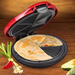 Taco Tuesday Deluxe 10" 6-Wedge Electric Quesadilla Maker with Extra Stuffing Latch, Red