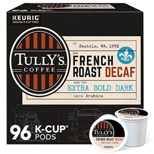 tully’s coffee french roast decaf, single-serve keurig k-cup pods, dark roast coffee pods, 96 count, 24 count (pack of 4)